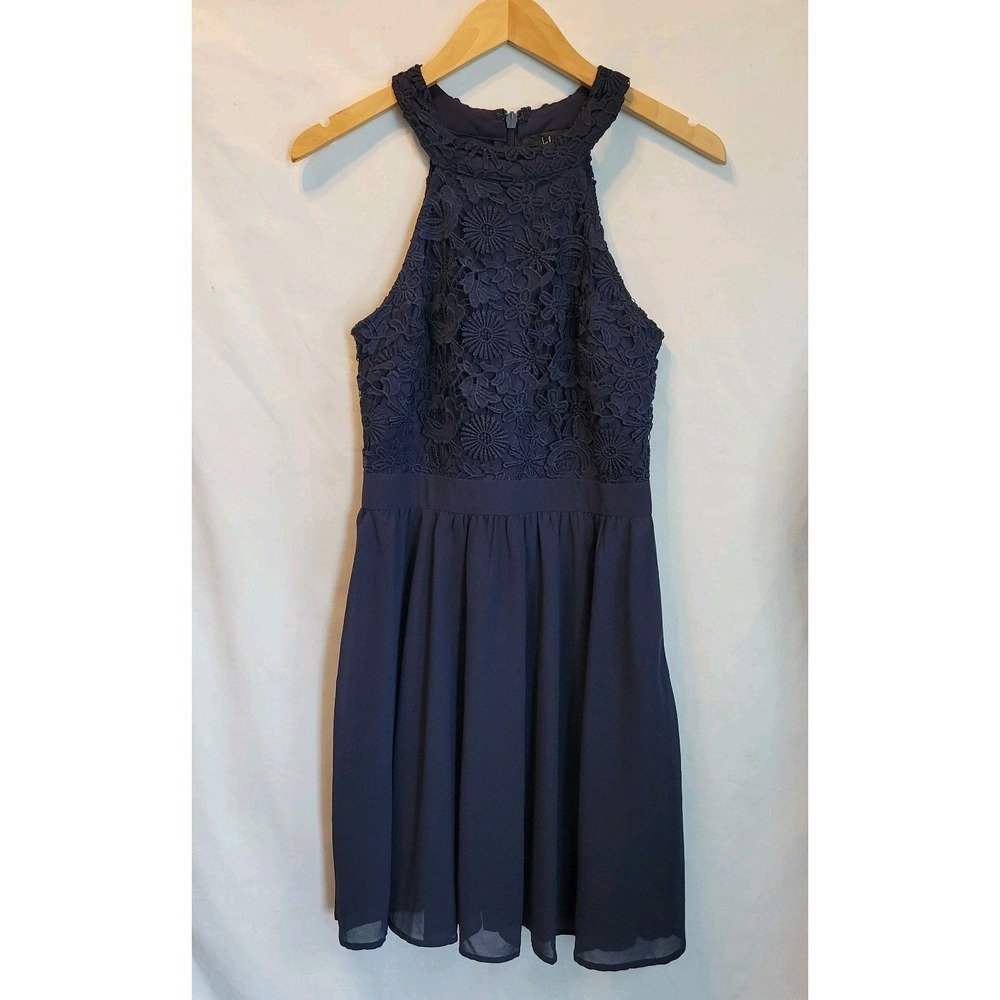 Lulus Lovers Game Navy Blue Lace Top Skater Dress Sz Small Crochet Lace Bodice